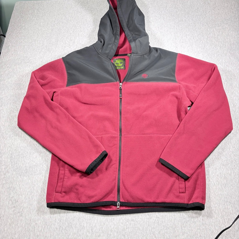 Timberland Mens Fleece Hoodie XL Burgundy Gray Full Zip Outdoor Jacket Winter
